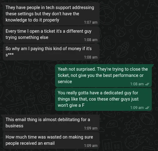 whatsapp chat screenshot showing johnny telling me how bad nexcess tech support is