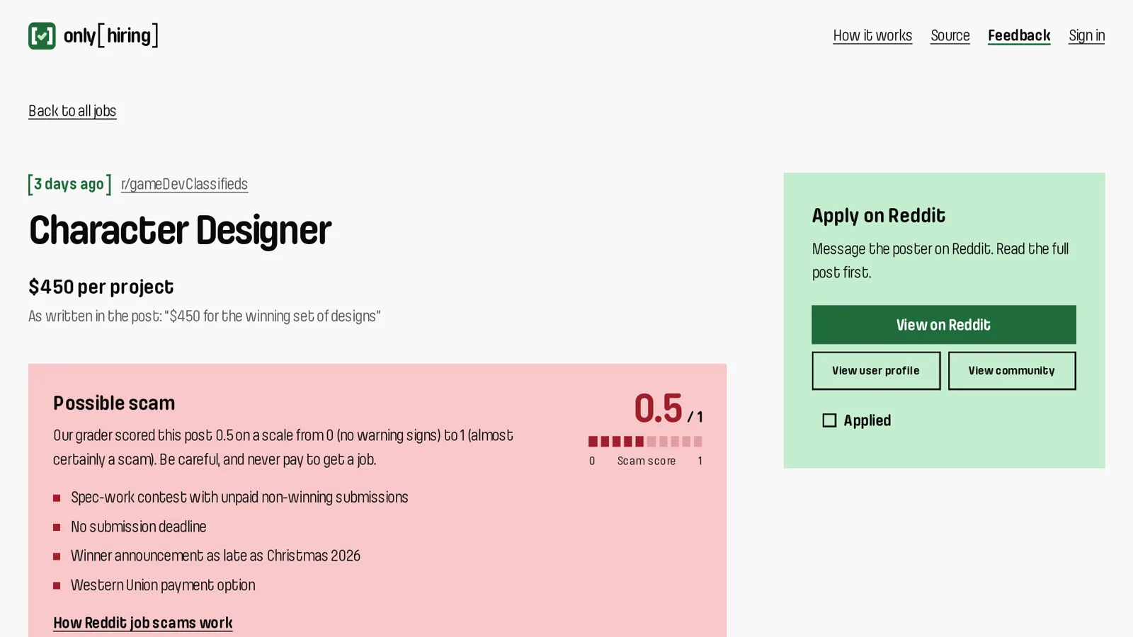 An Only Hiring job page for a character designer with a 0.5 scam score and four red flags, next to the button to apply on Reddit