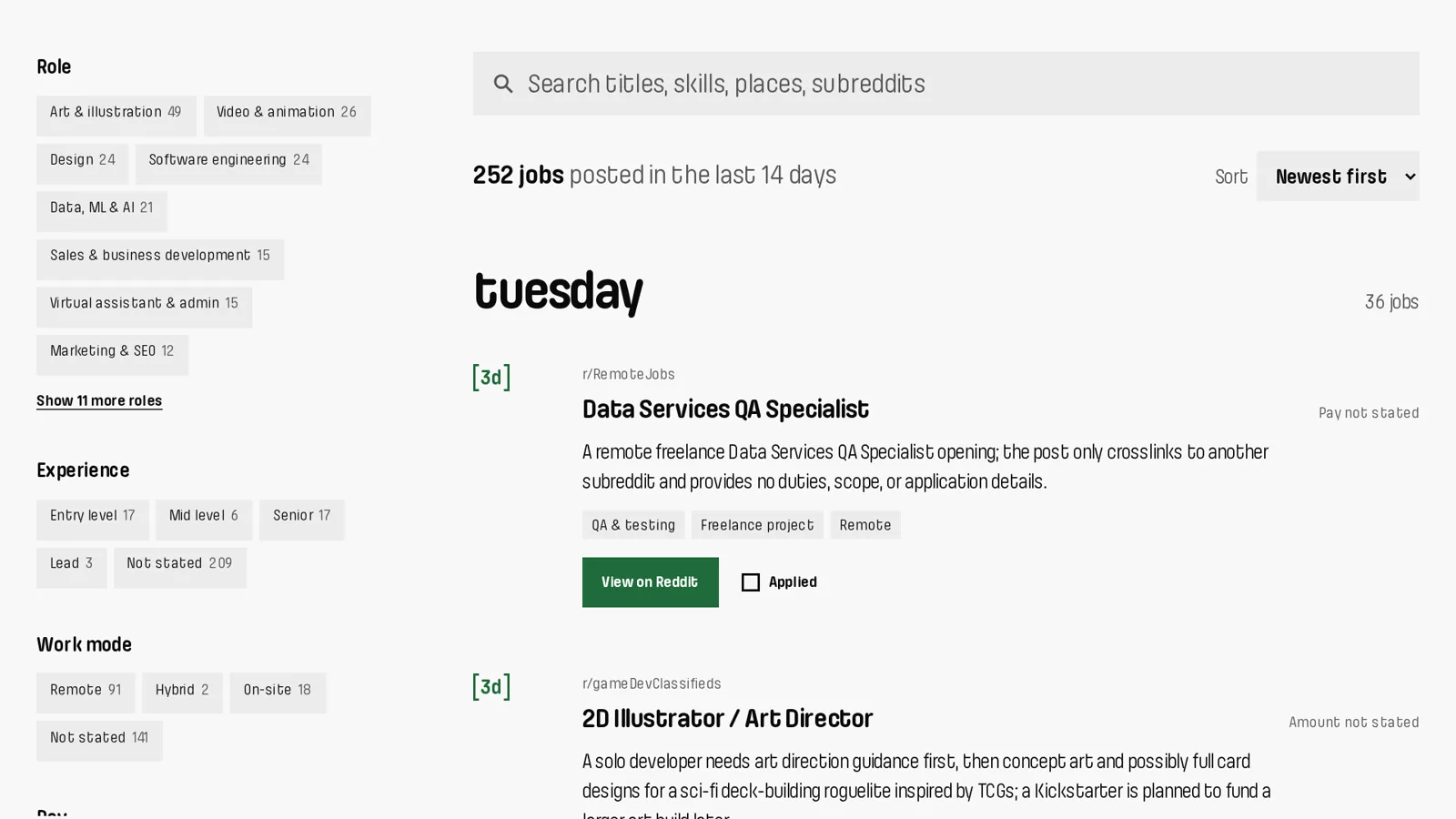 The Only Hiring job board: filters for role, experience and work mode on the left, and jobs from the last 14 days grouped by day on the right